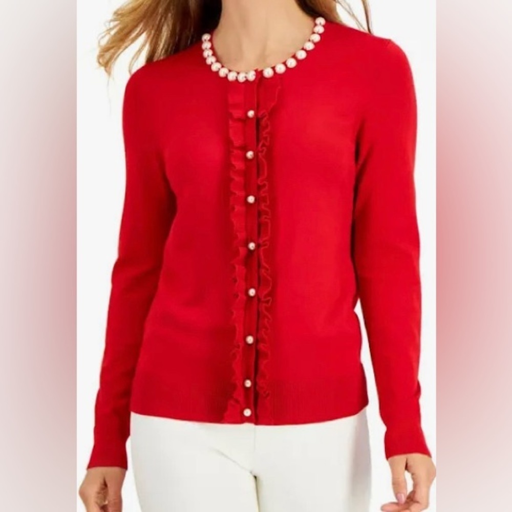 Charter Club Womens Size L Ruffled-Front Cardigan Faux Pearl Buttons - Picture 1 of 5